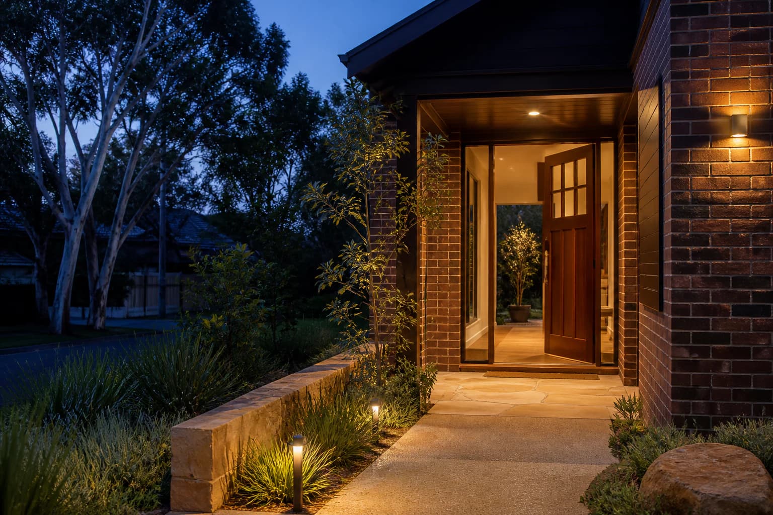 Concept visualisation — a residential entry at twilight