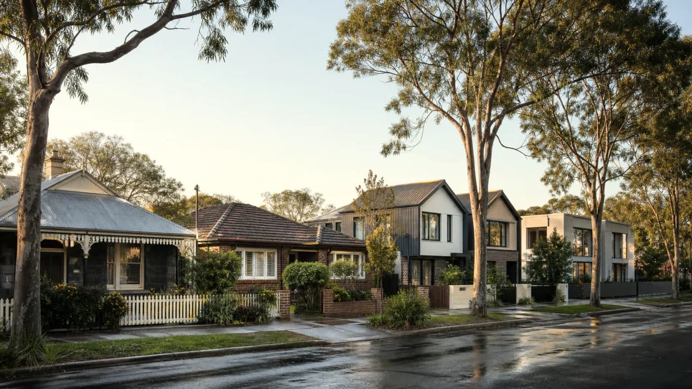 Concept visualisation — an established residential street at dusk
