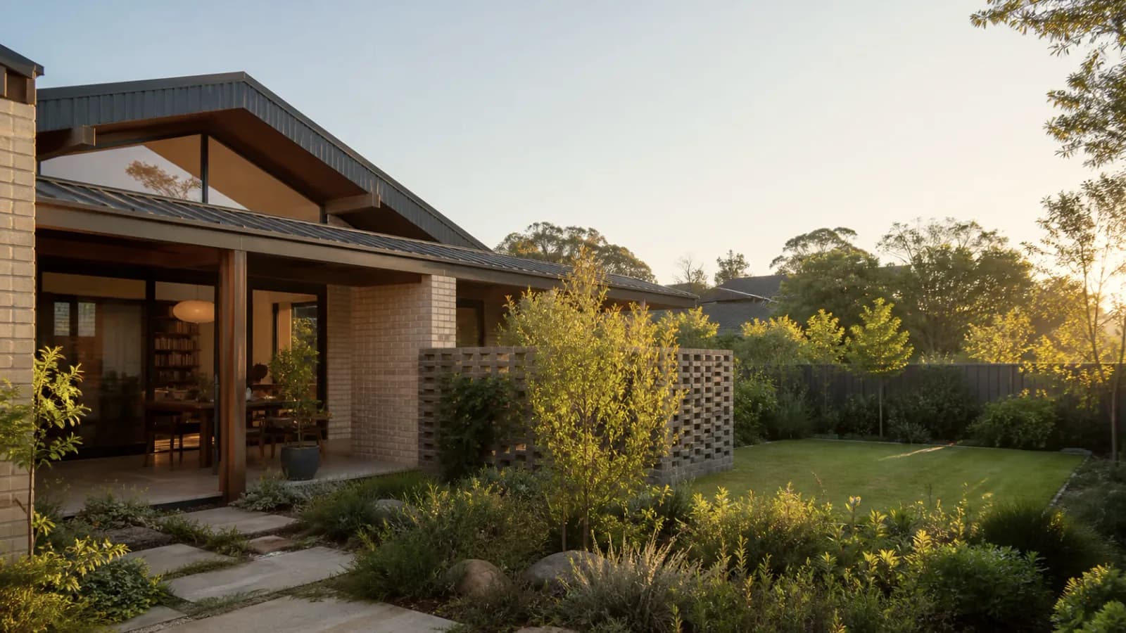 Concept visualisation — a courtyard elevation with brick screening and established planting