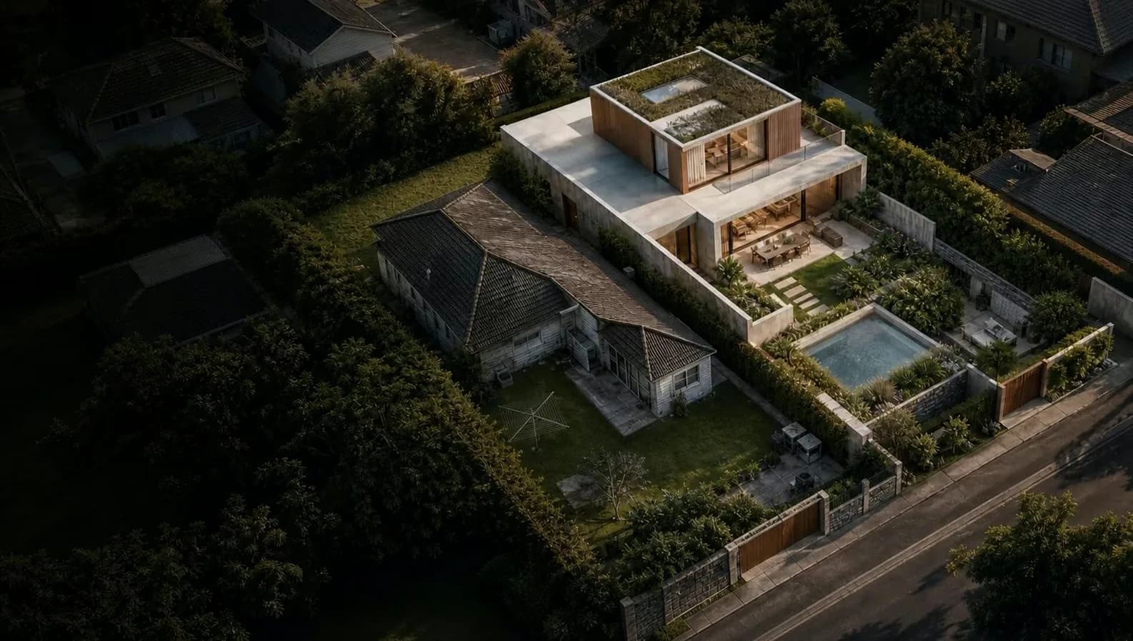 Aerial concept visualisation — a suburban property before the planning boundary is drawn
