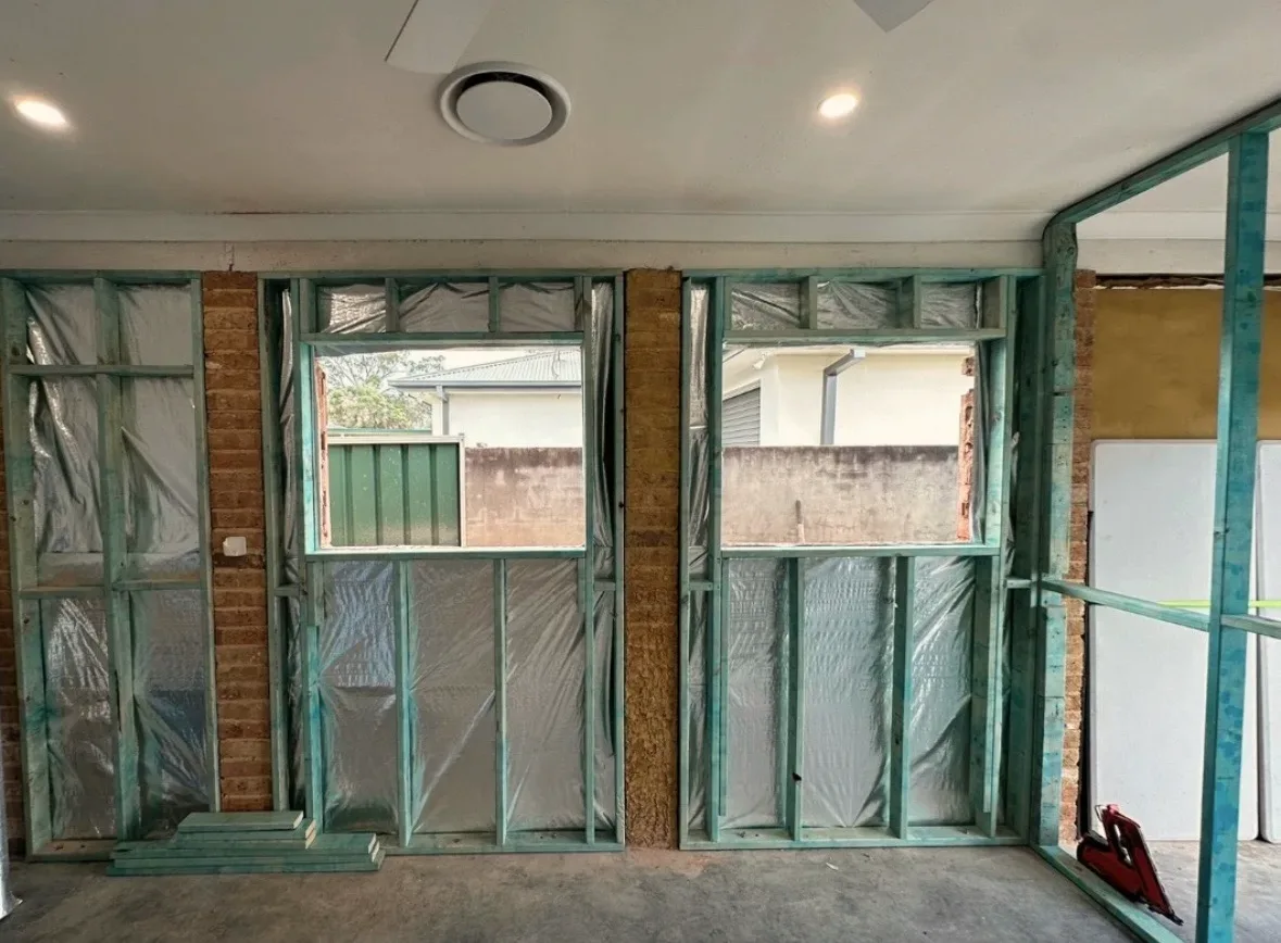 Cambridge Park — the conversion during works, new window openings framed into the existing wall