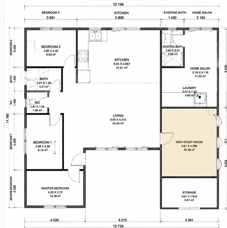 Approved floor plan extract — the new study room set out within the existing dwelling