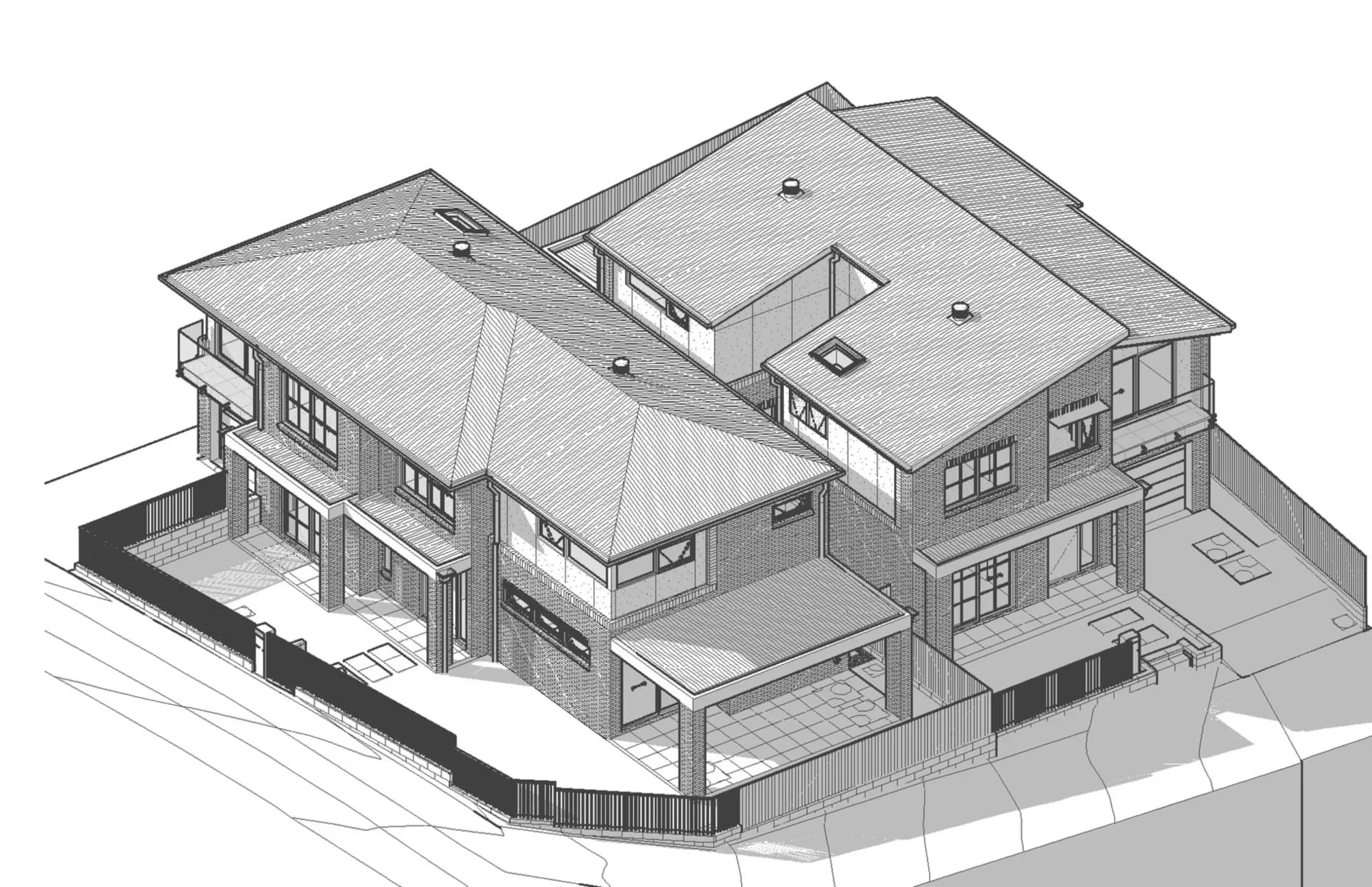 Architectural drawing — an isometric view of a two-storey attached dual occupancy with its site boundaries and fencing