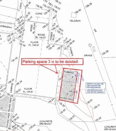 Approved site plan extract — levels, existing structures and the parking amendment noted on the consent
