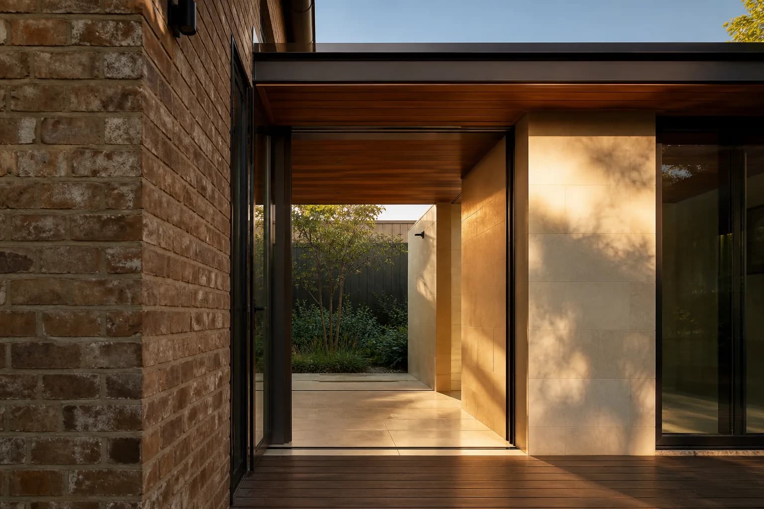 Concept visualisation — a resolved material junction where new work meets the existing house