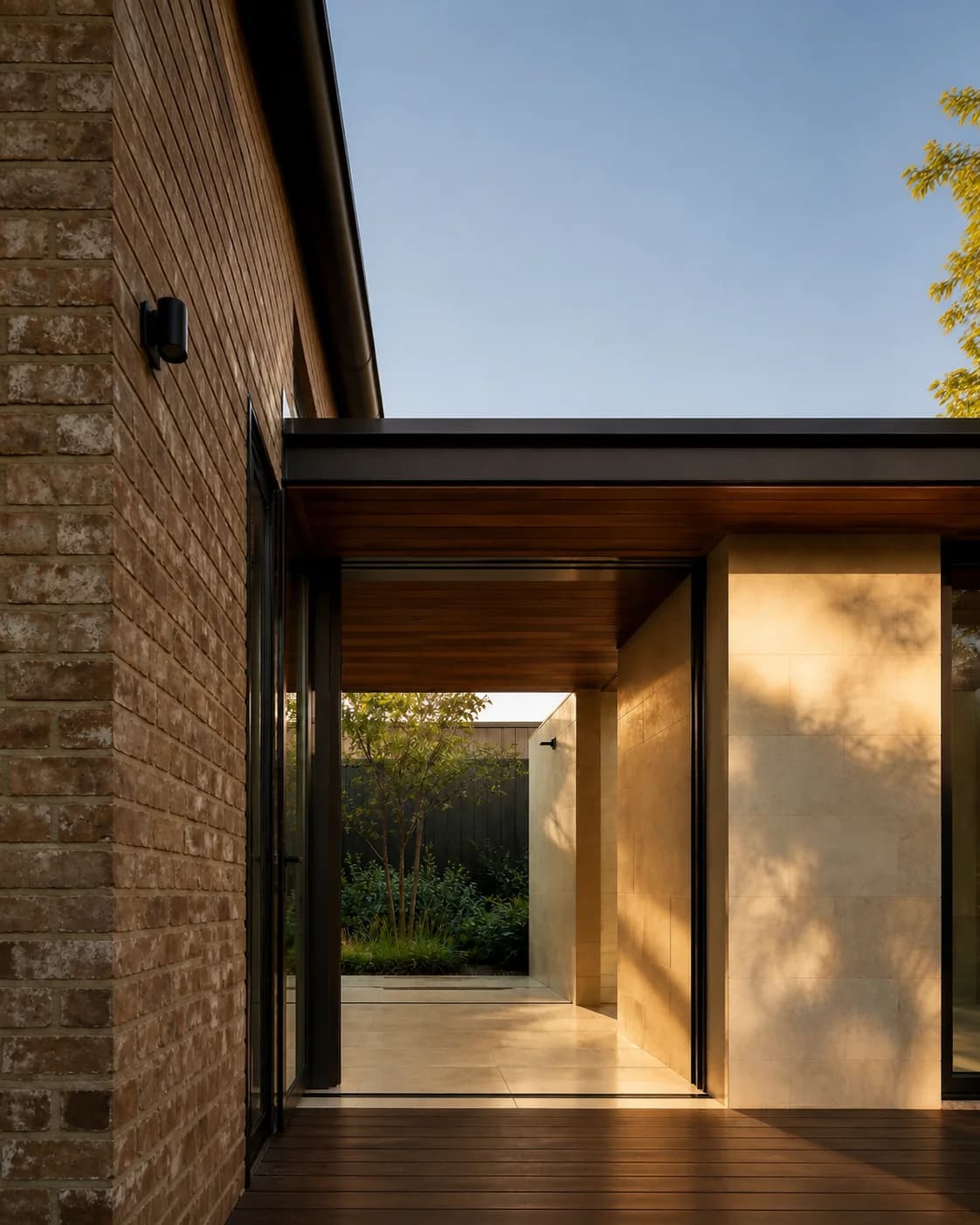 Concept visualisation — a resolved material junction where new work meets the existing house