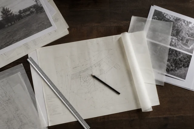 Planning documents, site model and measuring tools arranged on a work table
