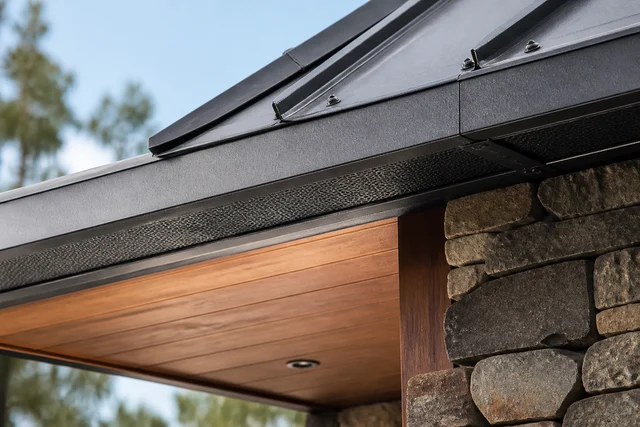 Close view of a metal roof edge, ember mesh and non-combustible wall materials