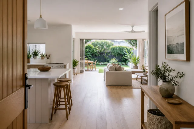 Open living and dining spaces connected by long sightlines to a garden