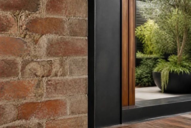 Detailed junction between original brickwork and a contemporary timber addition