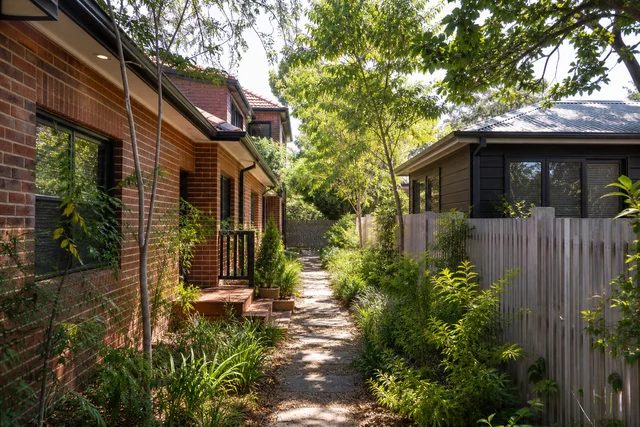 Two small dwellings arranged around a shared native garden