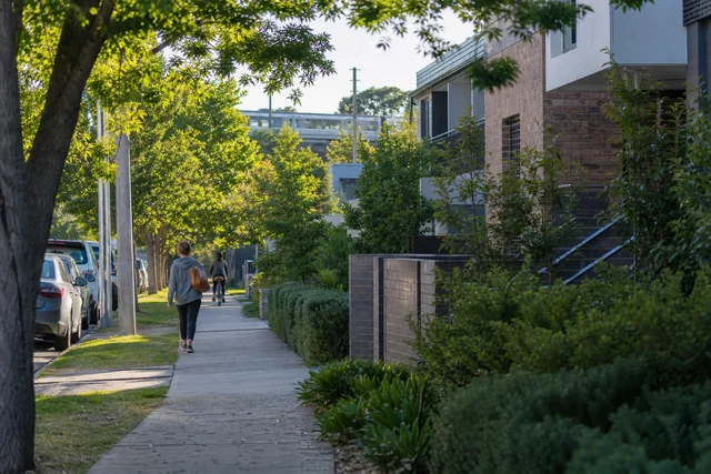 Residential neighbourhood connected to a rail corridor and local walking route