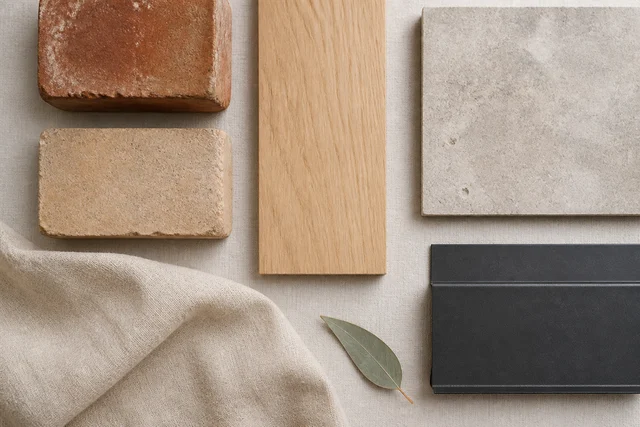 Brick, timber, stone and metal samples arranged as a residential material palette