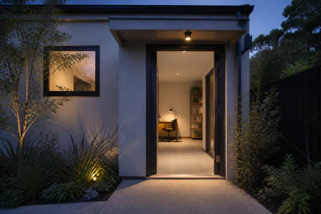 Landscaped side path leading to a separate home-studio entrance