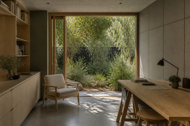 Quiet home workspace with a garden outlook within a residential setting